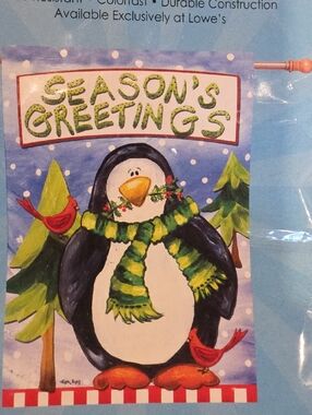 Season's Greetings Penguin Garden Flag - Green Scarf